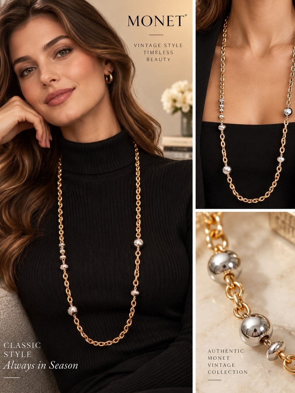 Monet Two-Tone Gold and Silver  Beaded Link Necklace